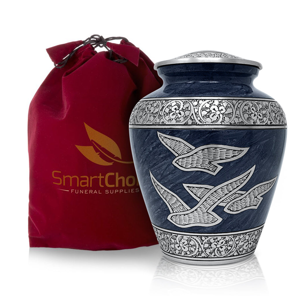 HLC Royal Silver Cremation Urn For Human Ashes - Handcrafted Adult Funeral Urn, Cloud Blue Birds Design, 10.5x6 Inches - View #5